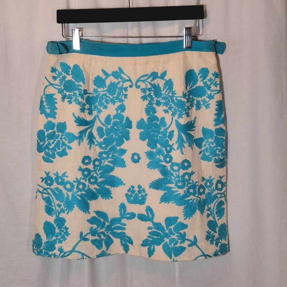 Tracy Reese Pencil Skirt Womens 8 Turquoise Cream Linen Silk Floral Embroidered
